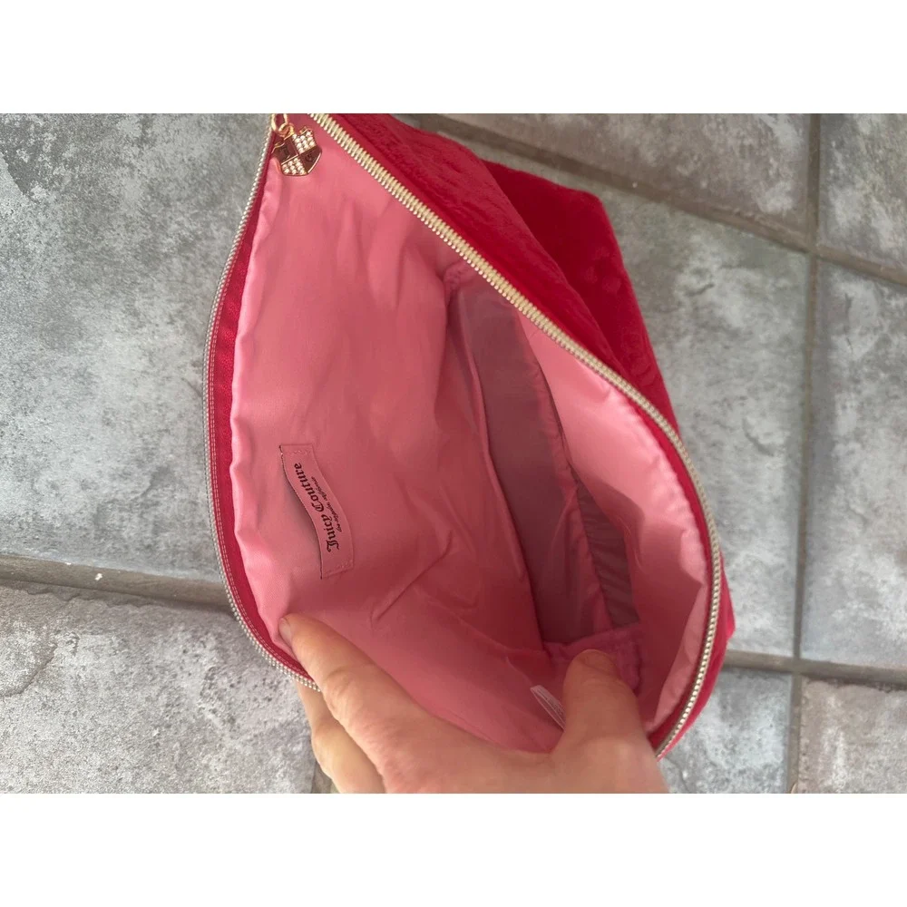 Juicy Couture Red Velour Cosmetic Bag Pouch Sparkle‎ Zipper Charm